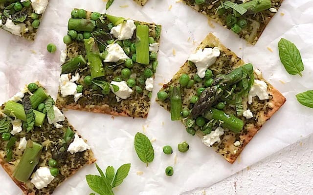 spring vegetable pizza on lavash with mint