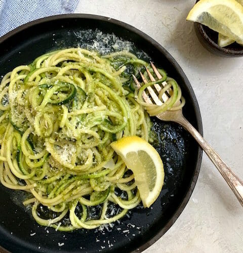 Lazy Girl's Zucchini Spaghetti [no fancy tools required!] with Peas, Crème  Fraîche and Pesto - Izy Hossack - Top With Cinnamon