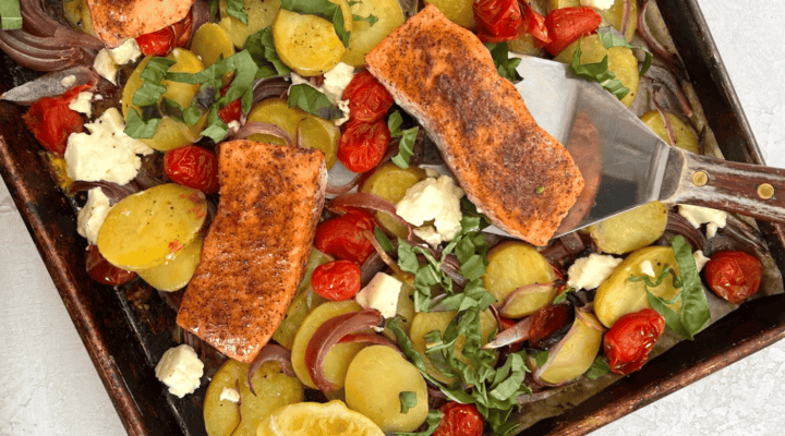 Sheet pan salmon with tomatoes and feta