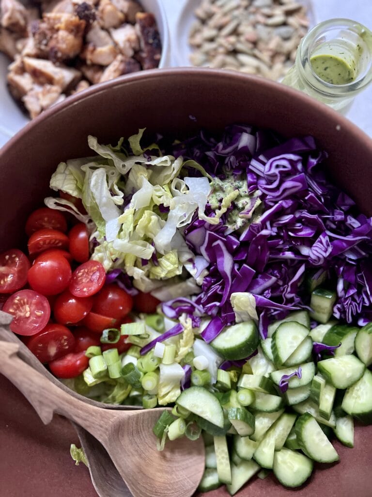 Colorful chopped salad with tex mex flavors and cilantro dressing