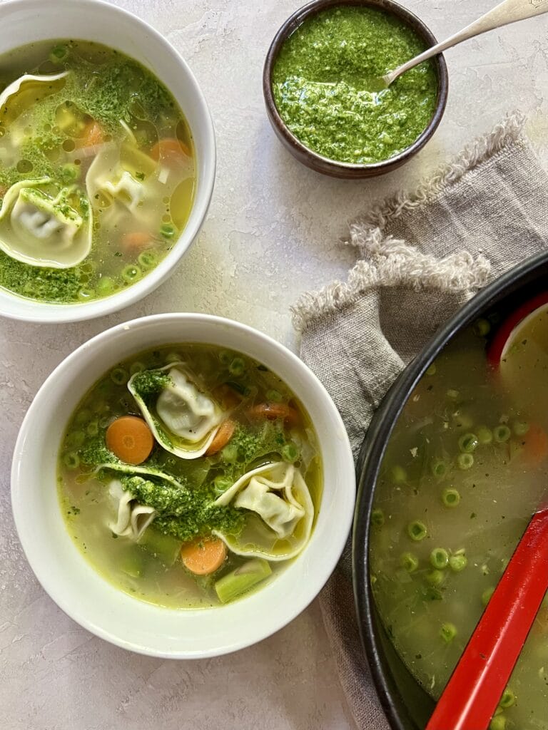 Spring vegetable tortellini soup