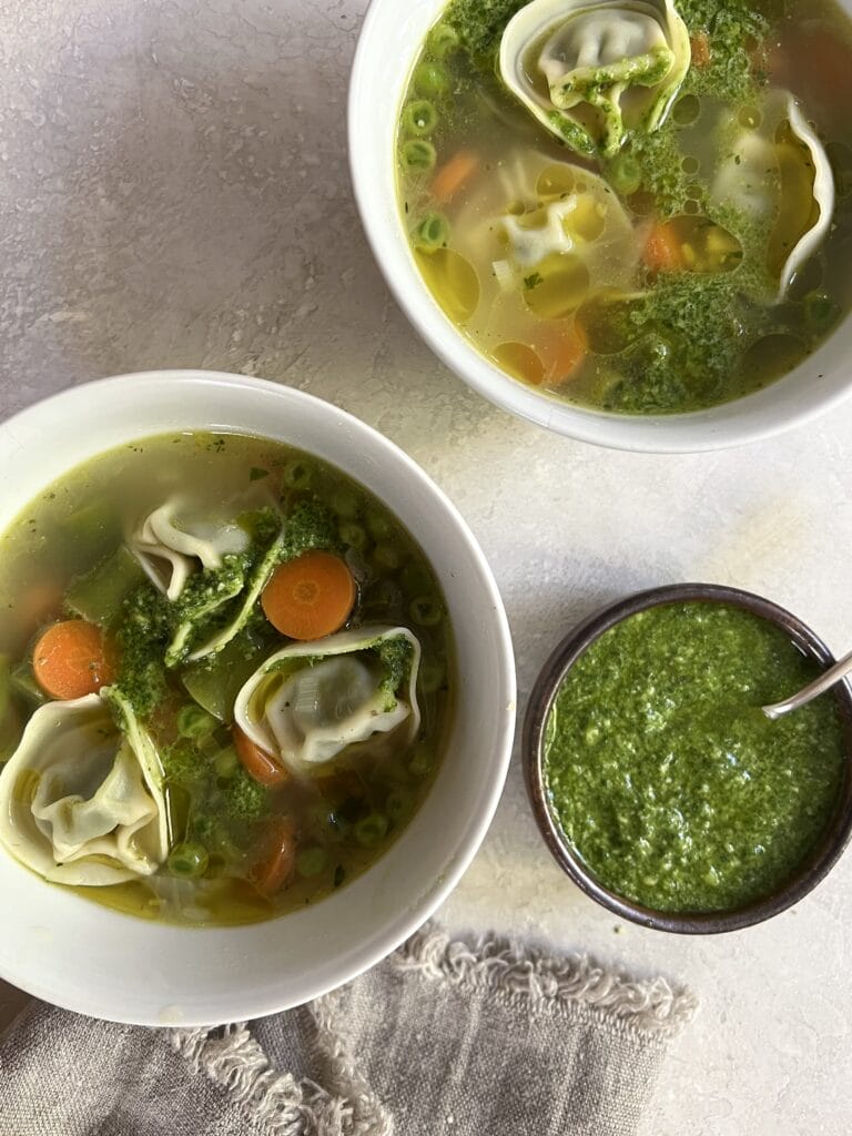 Spring vegetable tortellini soup